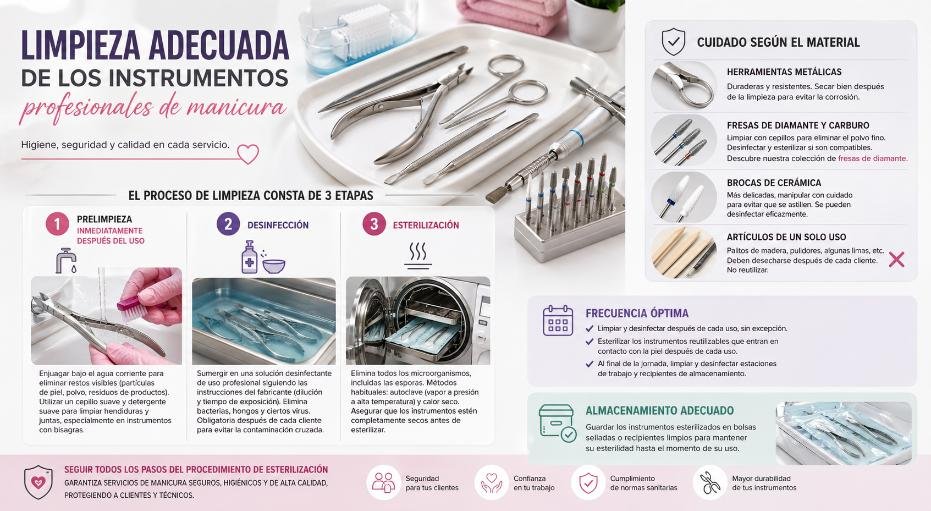 Limpieza adecuada de los instrumentos profesionales de manicura